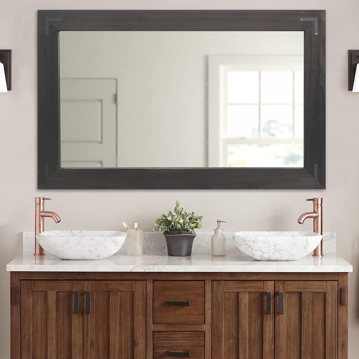 YOSHOOT Rustic Wooden Framed Wall Mirror, Natural Wood Bathroom Vanity Mirror for Farmhouse Decor, Vertical or Horizontal Hanging