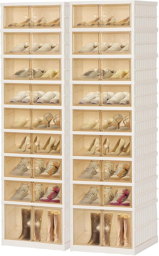 Foldable Shoe Organizer Storage Box, Portable Extra Large Folding Shoe Rack for Closet, Shoe Storage Box with Magnetic Transparent Door and Wheels, 9 Layers 18 Grids with 2 Big Grids for 2 PCS