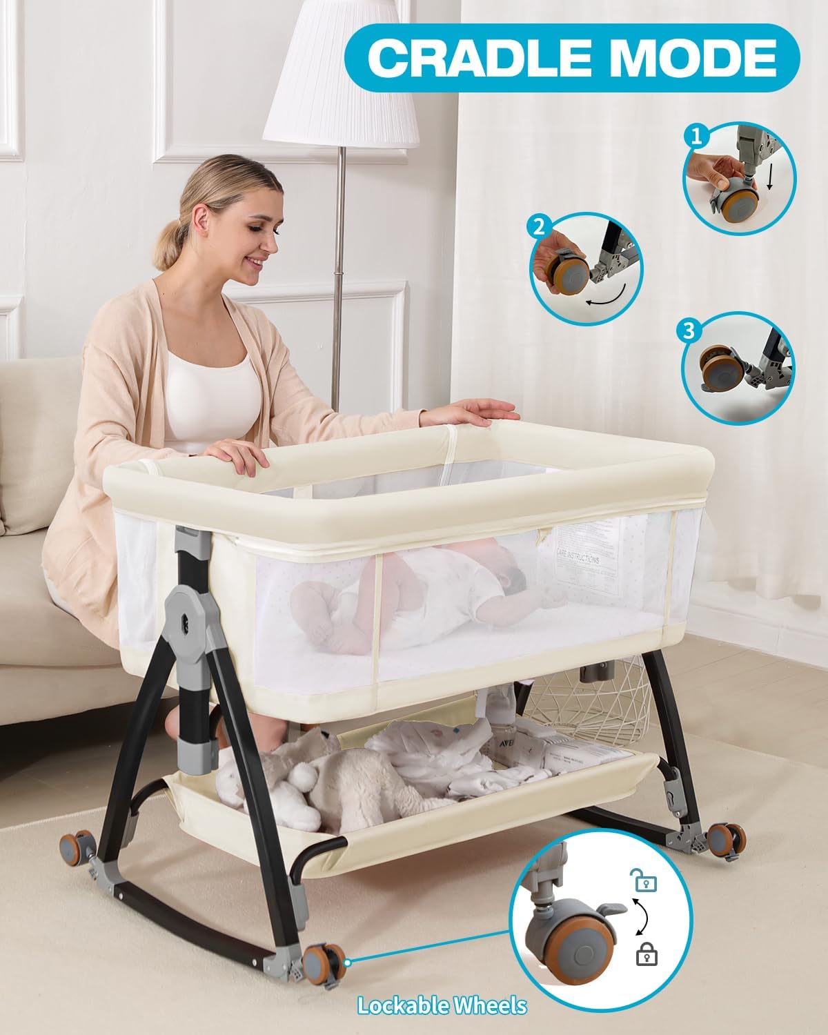 3 in 1 Baby Bassine Crib with Breathable Mesh, Bassinet Bedside Sleeper with Wheels, Mosquito Net, Storage Basket, 6 Height Adjustable, Easy to Fold, Rocking Bassinet for Baby