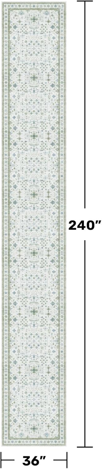 Oushak 3x20 Wide Hallway Runner Rug - Vintage Turkish Floral, Washable Low Pile Non Slip 20ft Extra Long Runners for Large Kitchen, Hall Way - Blue and Green Décor