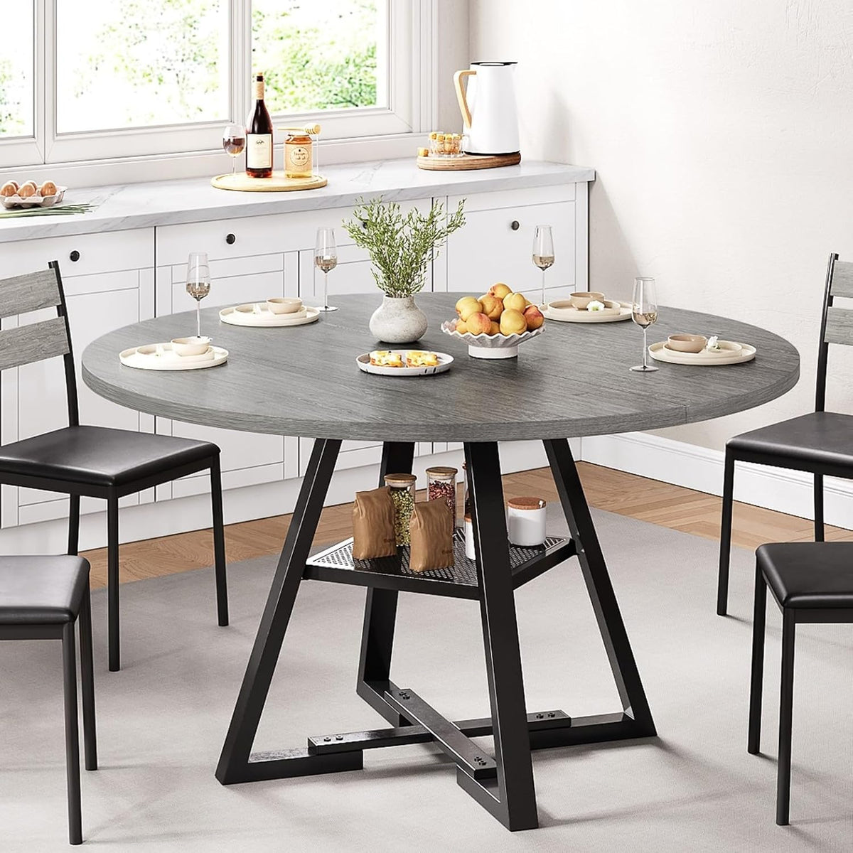 Round Dining Table for 4,Kitchen Dining Room Circle Dinner Pedestal Table,Space Saving Wood Kitchen & Dining Room Furniture (Grey, 47In)