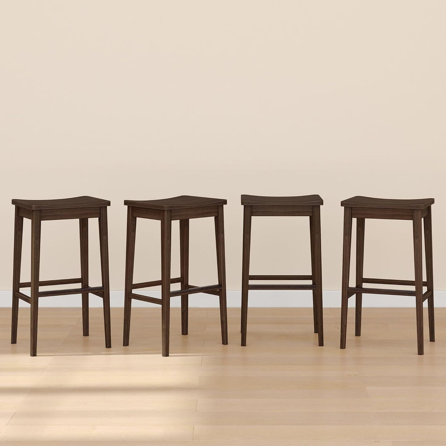 Plank+Beam Smythe Bar Stool, 30", Set of 4, Sturdy Wood Modern Kitchen Bar Height Stool, Saddle Seat Backless Bar Chair, Metal Footrest, Walnut