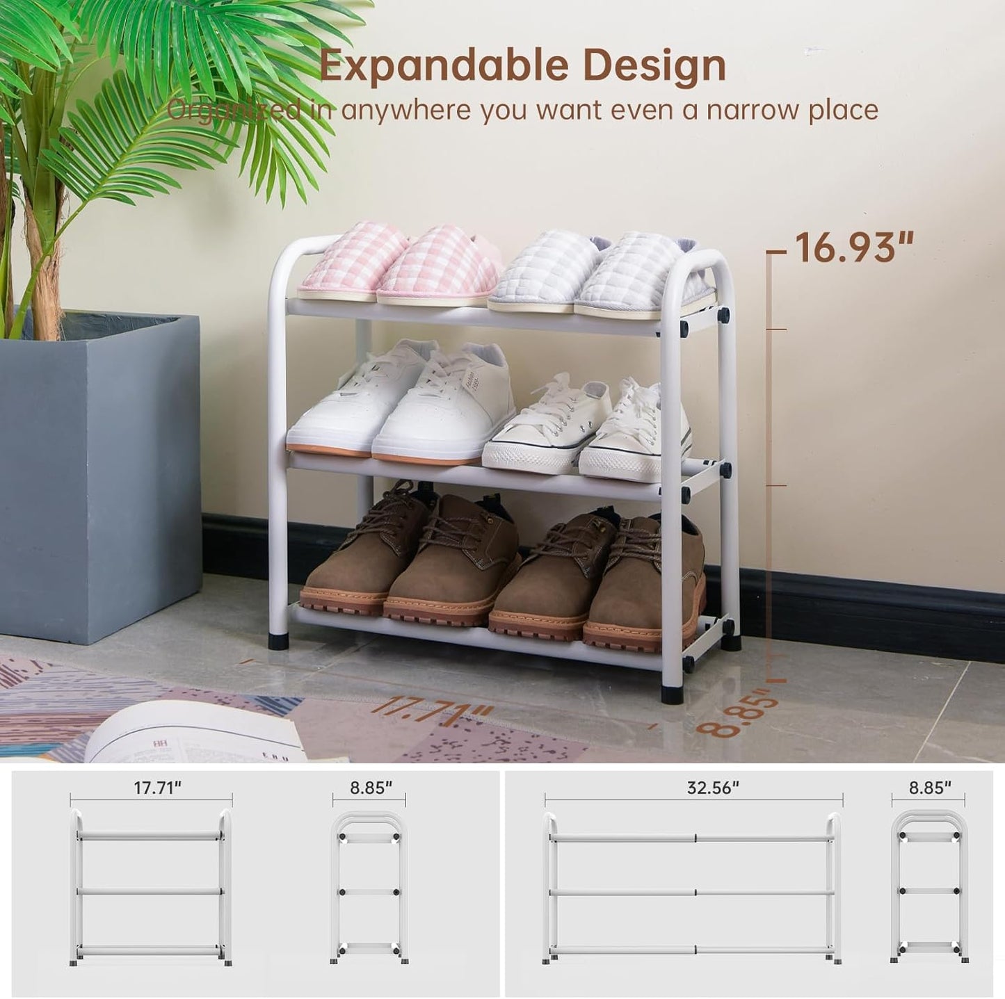 Gonfoam 3-Tier Expandable Shoe Rack,Adjustable Shoe Shelf Storage Organizer Heavy Duty Metal Free Standing Shoe Rack for Entryway Closet Doorway (White)