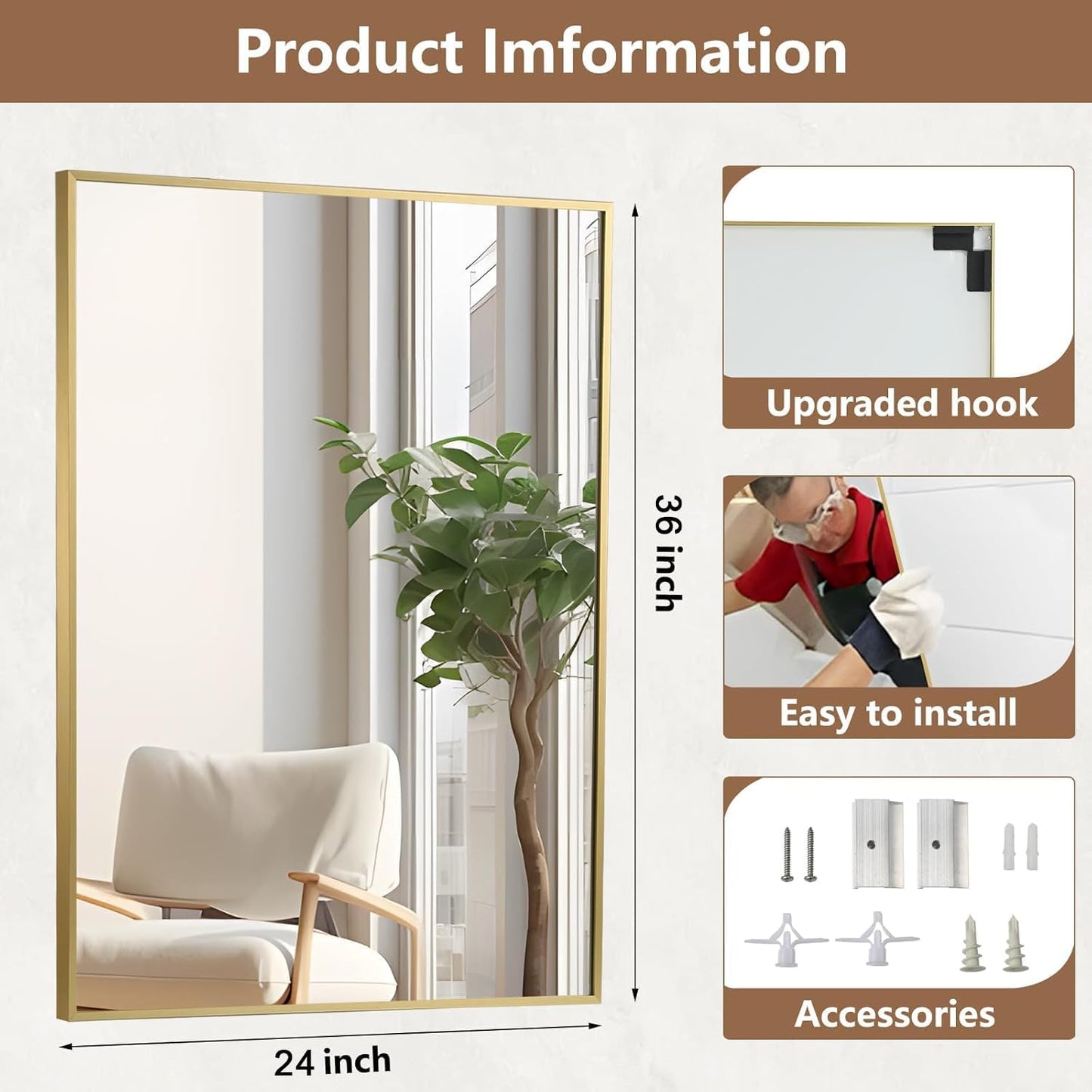 Gold Bathroom Mirror, 24"x36" Rectangle Mirror, Brushed Gold Mirror, Metal Frame Square Corner Vanity Mirror, Wall Mounted Mirror for Modern, Living Room, Bedroom, Horizontal Or Vertical