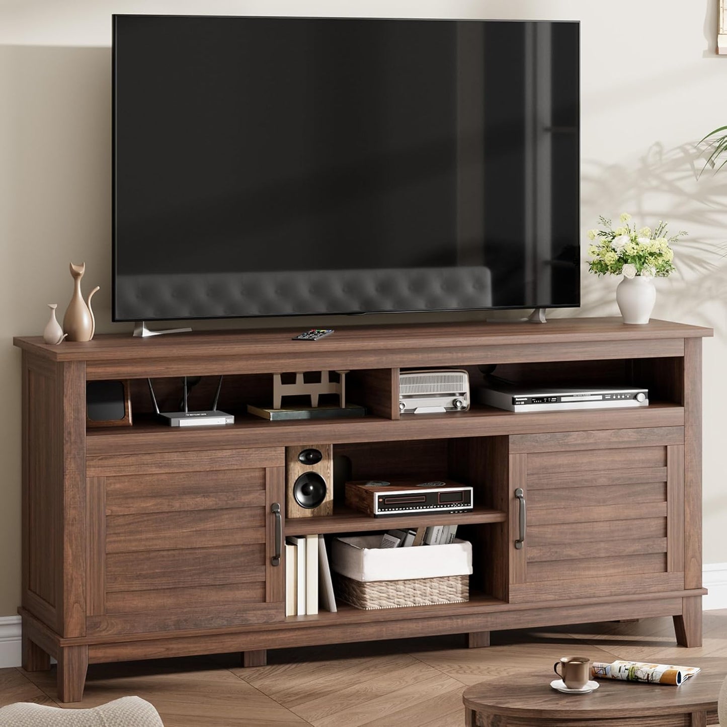 GarveeHome TV Stand for 63 in, Entertainment Center with Adjustable Shelves, Farmhouse TV Stand with Cabinet Doors,for Living Room, Bedroom (Brown, 63)