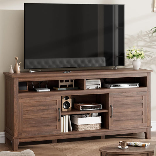 GarveeHome TV Stand for 63 in, Entertainment Center with Adjustable Shelves, Farmhouse TV Stand with Cabinet Doors,for Living Room, Bedroom (Brown, 63)