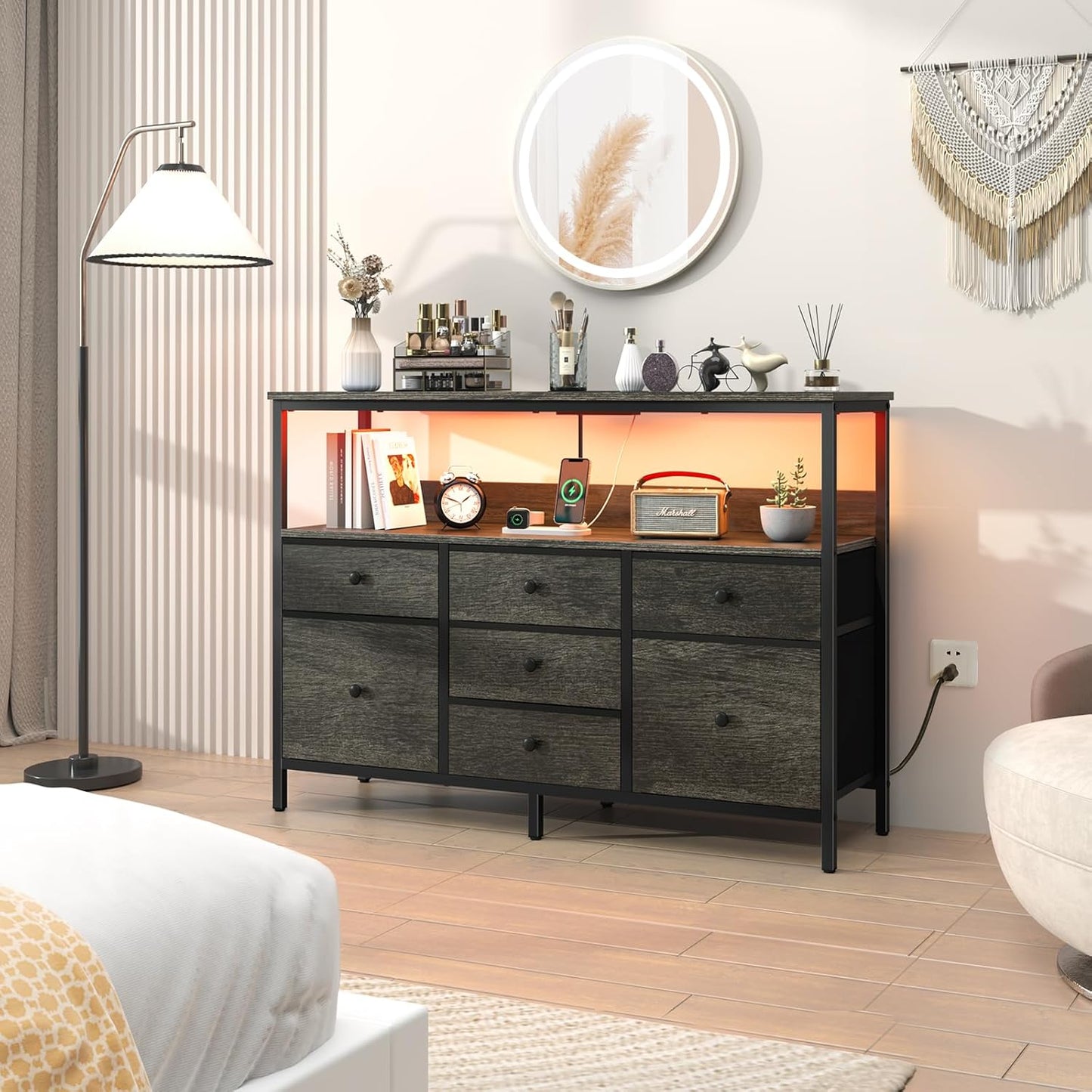 Yoobure LED TV Stand for Bedroom, 50 Inch Kids Dresser with Power Outlets, 7 Drawers Entertainment Center with Storage Shelf, TV Stands Dresser for Bedroom, Living Room, TV Console Entertainment Stand