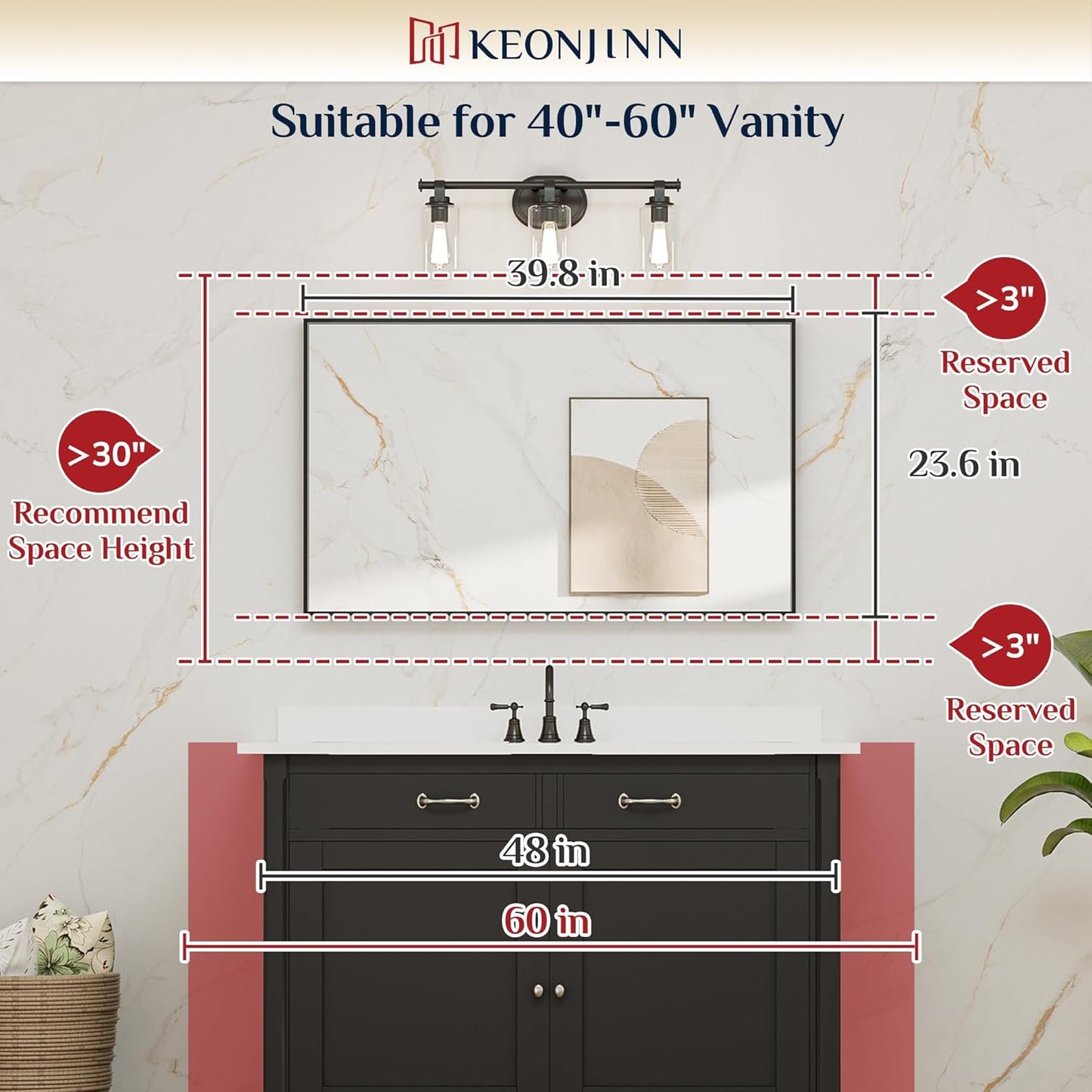 Keonjinn Black Bathroom Mirror 40 x 24 Inch, Metal Frame Black Mirror for Over Sink, Brushed Black, Modern Farmhouse, Square Corner Rectangular Mirrors for Wall(Horizontal/Vertical)