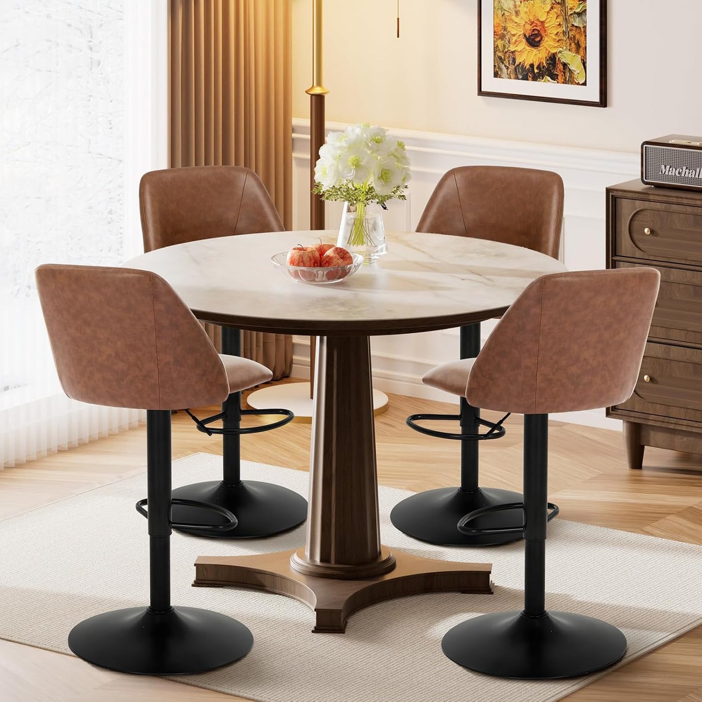COLAMY Bar Stools Set of 2, Modern Swivel Bar Chairs, Adjustable PU Leather Upholstered Barstools Counter Height with Full Backrest for Bar, Dining Room, Kitchen Island, Brown