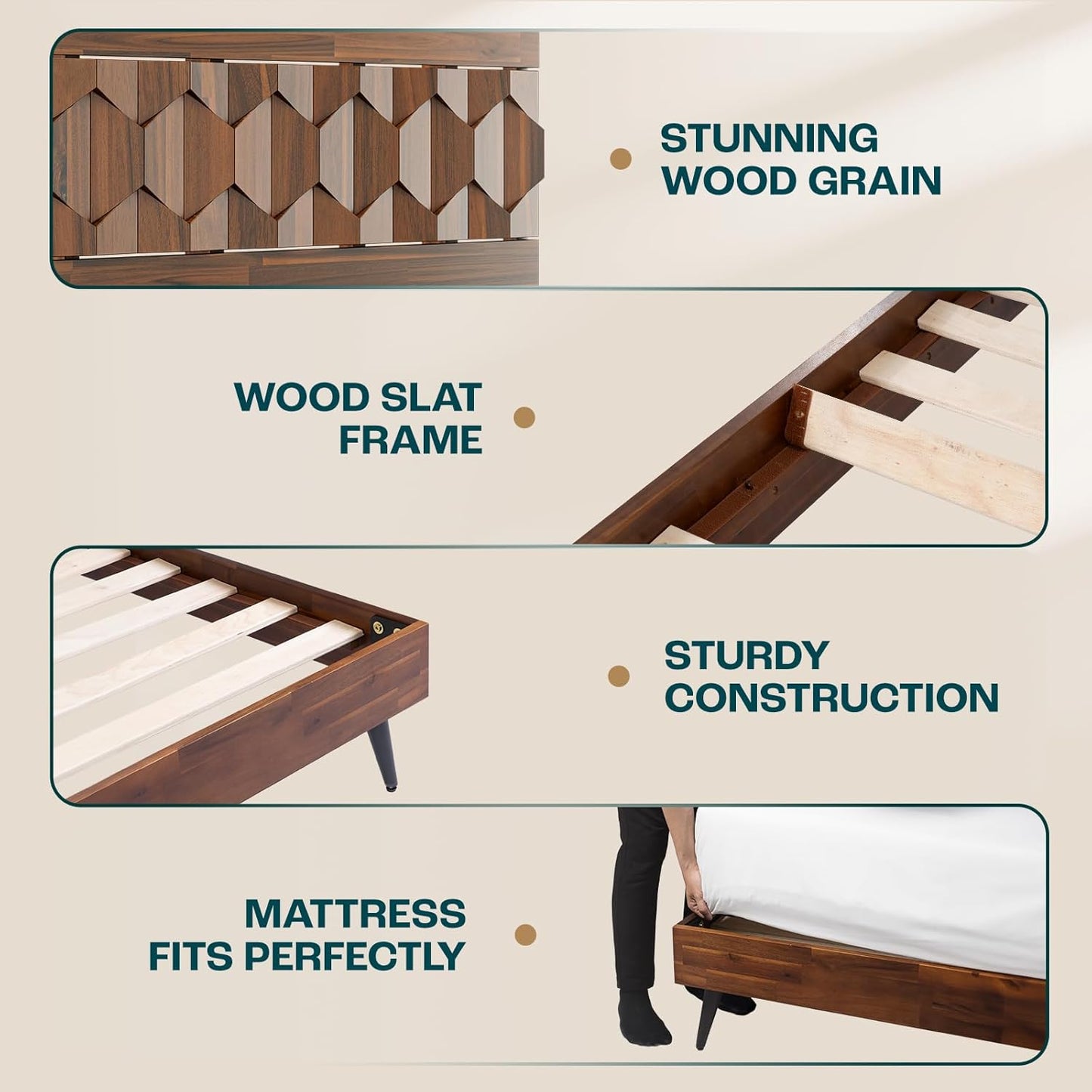 Bme Georgina Signature Dark Choco Bed Frame, King Bed Frame and Headboard Handcrafted Geometric, Mid Century Modern, Solid Acacia Wood, No Box Spring Needed, 12 Wood Slats Support, Easy Assembly