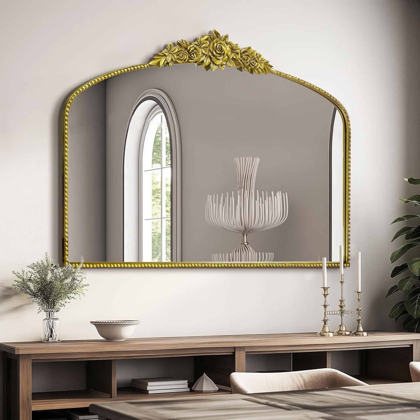 Antique Gold Arch Wall Mirror, 48"x30" Traditional Vintage Mantel Mirror with Ornate Metal Frame, Baroque Victorian Mirror for Fireplace/Entryway/Bathroom/Living Room/Dining Room