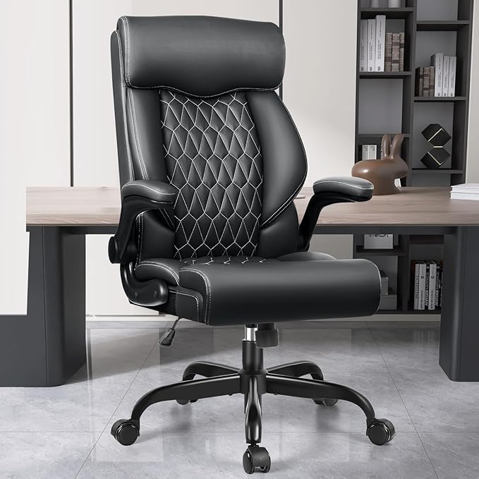 High Back Executive Office Chair - Ergonomic Computer Desk with Rocking Function, Leather Managerial with Adjustable Flip-Up Armrests and Lumbar Support