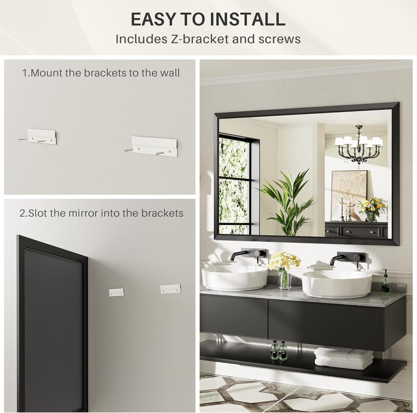 60x28 Inch Black Bathroom Mirror for Wall, Thick Metal Framed Rectangle Mirrors for Over Sink, Bedroom, Living Room, Entryway, Anti-Rust, HD Tempered Glass