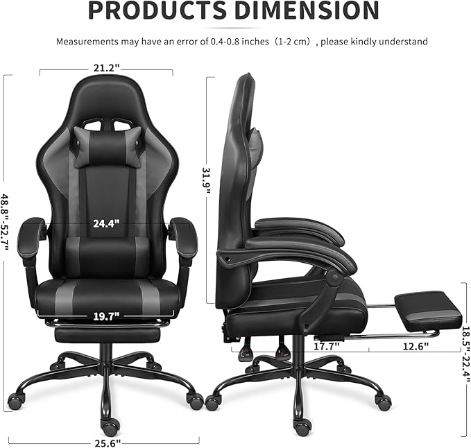 Gaming Chair with Footrest and Massage Lumbar Support, Height Adjustable Game Chair, Video Gaming Chair for Gaming Room, Living Room and Office - Black/Grey