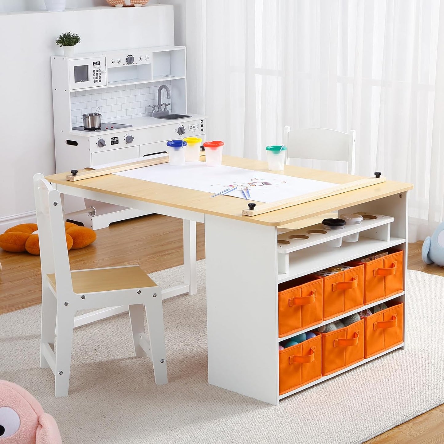 4 In 1 Kids Art Table and Chair Set,Toddler Craft Large Storage Desk with Portable Art Supply Organizer, Drawing Desk, Kids Activity and Study Table, Activity & Crafts for Children Wooden Furniture