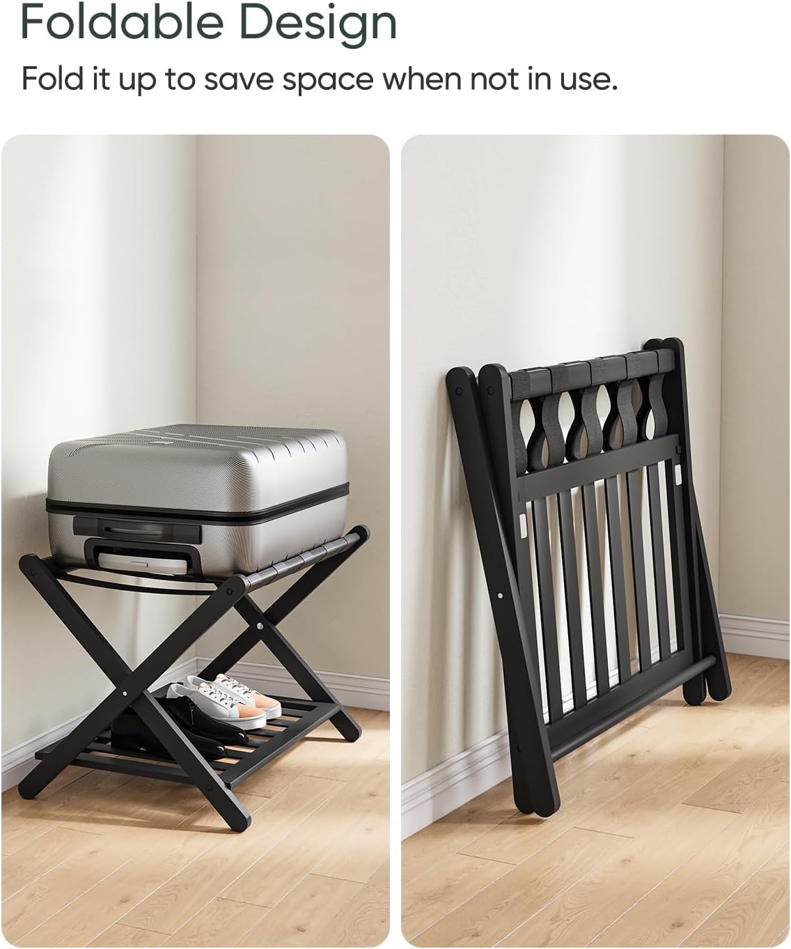 Fully Assembled Black Luggage Rack, Suitcase Stand with Shoe Shelf, Folding Wooden Luggage Stand for Guest Room, Bedroom, Hotel