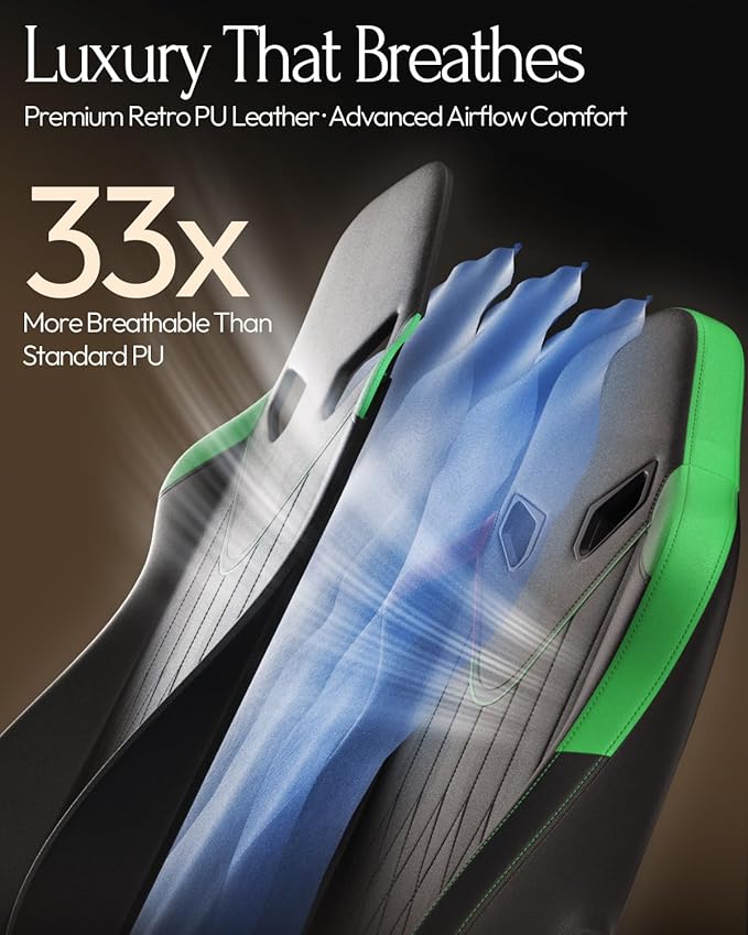 Dowinx Gaming Video Gaming Chair with Shiatsu Neck Massage and Lumbar Support for Home Office High Back Recliner Height Adjustable Ergonomic Comfy Leather Computer Desk Chair (Green)