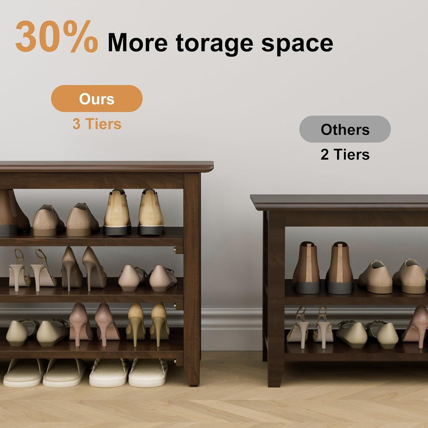 Wooden Storage Shoe Bench, Entryway Bench with 3-Tiers Height Adjustable, Shoe Rack Front Doors Entrances for Hallway Living Room,Mudrooms (Brown,25.6")