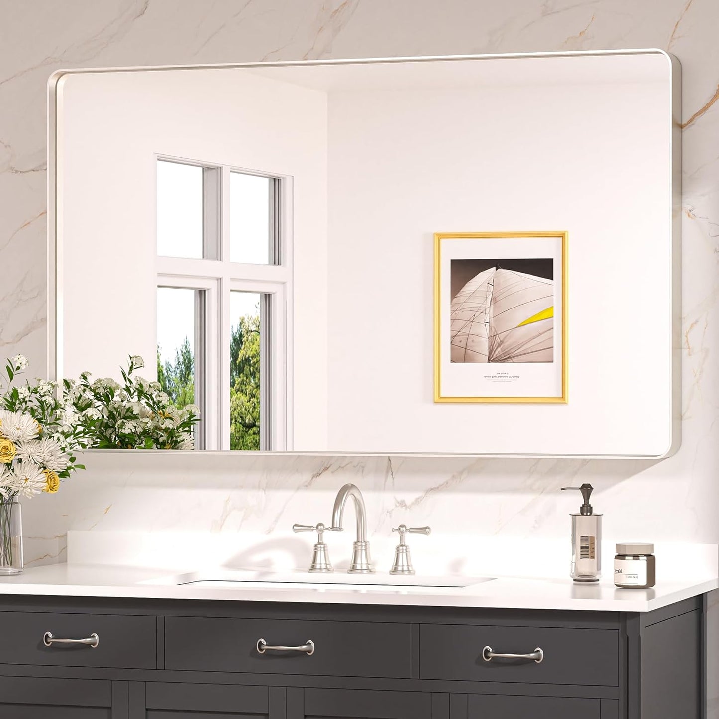 Keonjinn 48 x 30 Brushed Nickel Bathroom Mirrors for Over Sink, Large Rounded Rectangle Bathroom Vanity Mirror, Modern Decorative Silver Mirror, HD Tempered Glass Wall Mirror(Horizontal/Vertical)