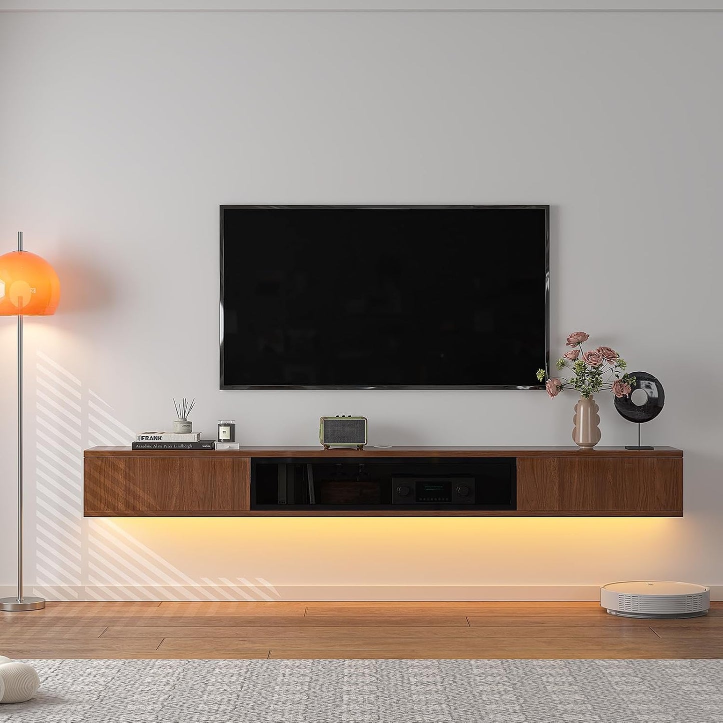 High Gloss Floating TV Stand,47'' Wall Mounted TV Console,Under TV Floating Shelf,Floating TV Cabinet with 3 Doors for Bedroom Living Room(Walnut)