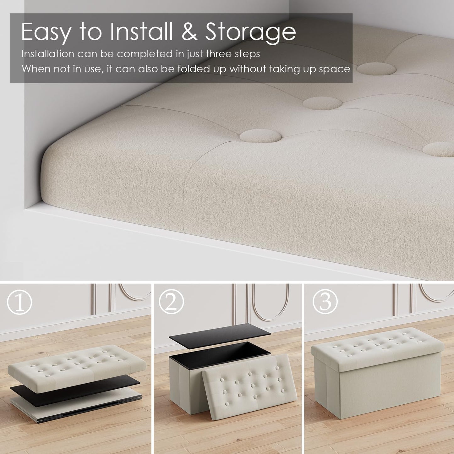 PRANDOM Extra Large Ottoman with Storage [1-Pack] Velvet Folding Small Square Foot Stool with Lid for Living Room Bedroom Coffee Table Dorm Beige 30.5x15x15 inches