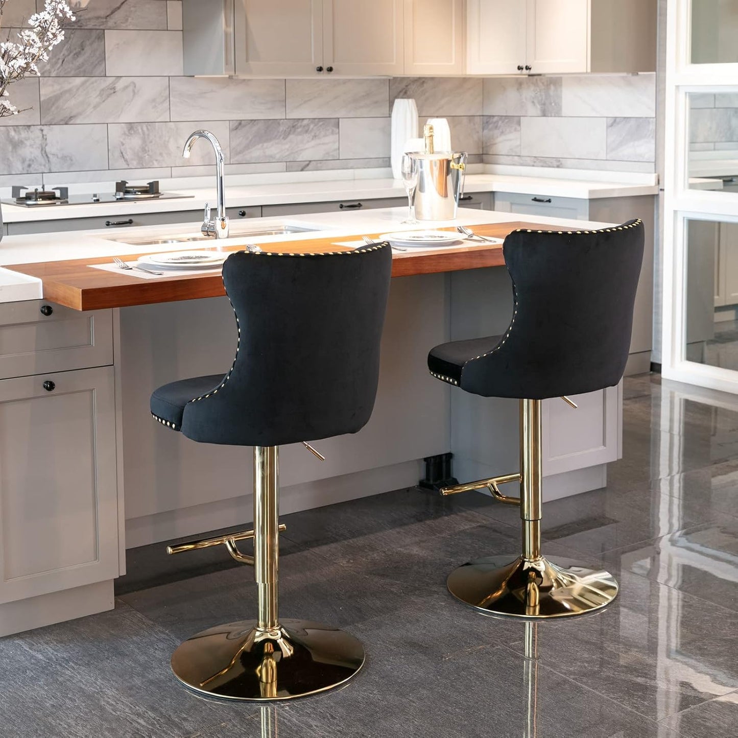 PacknWood Acosure Golden Swivel Velvet Barstools Adjusatble Seat Height from 25-33" with Comfortable Tufted,Modern Upholstered Chrome Base Bar Chairs,for Home Pub Kitchen,Black,Set of 2