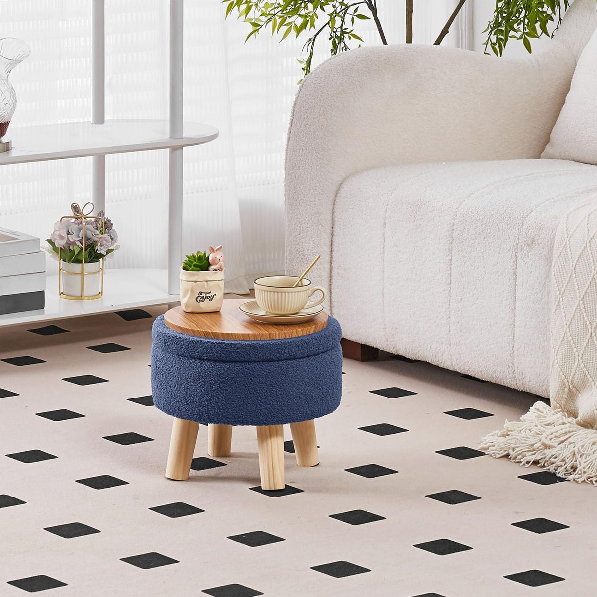 Wimarsbon Storage Ottoman, Modern Round Footrest with Soft Padded Seat, Teddy Velvet Footstool with Wood Legs, Accent Small Table or Plant Stand for Hallway, Living Room (Grey-Blue)