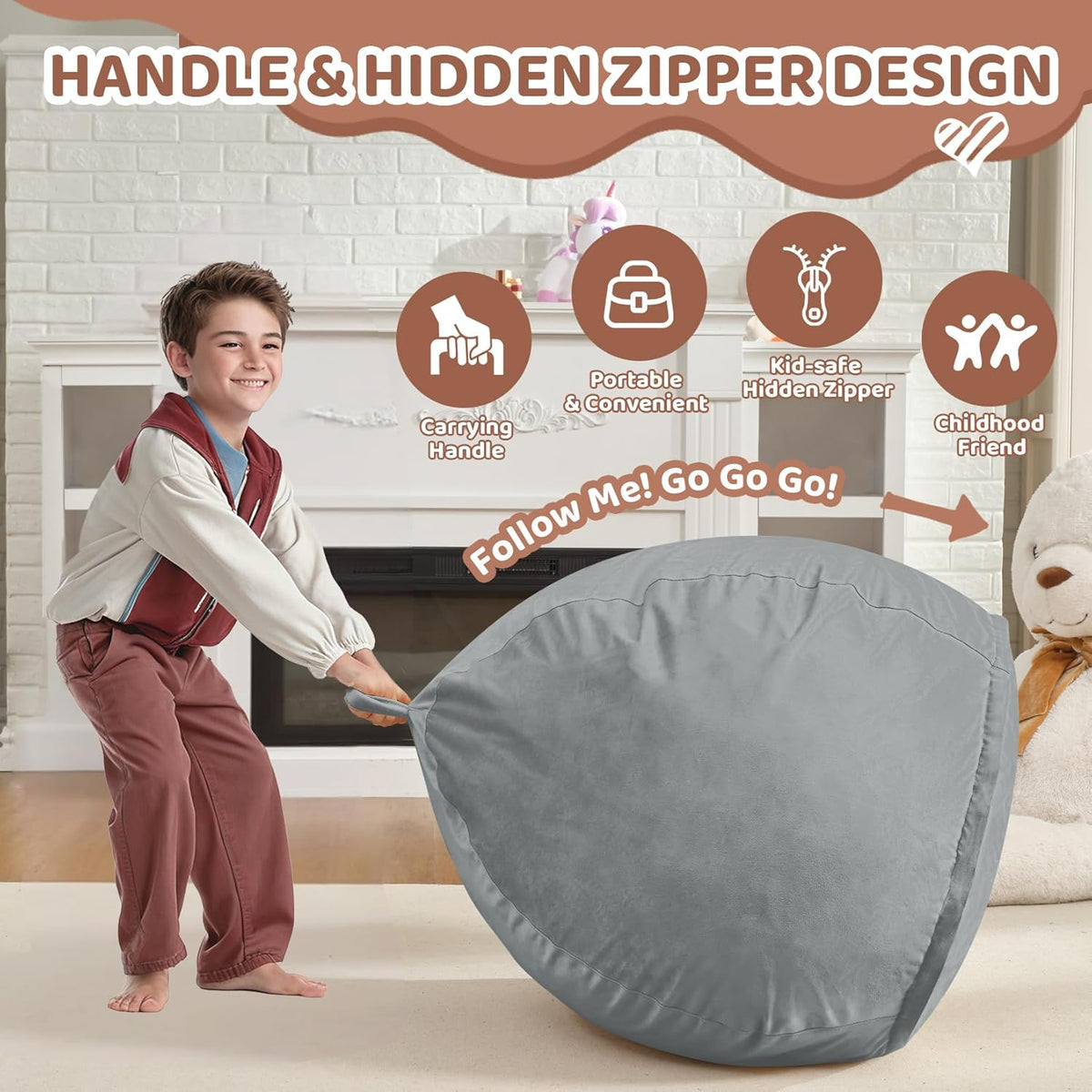 2FT Bean Bag Chair, Comfy Bean Bag Chairs with Memory Foam Filled, Fluffy Beanbag Sofa with Dutch Velvet Cover, Teardrop BeanBag Chairs for Living Room, Playroom - Light Grey