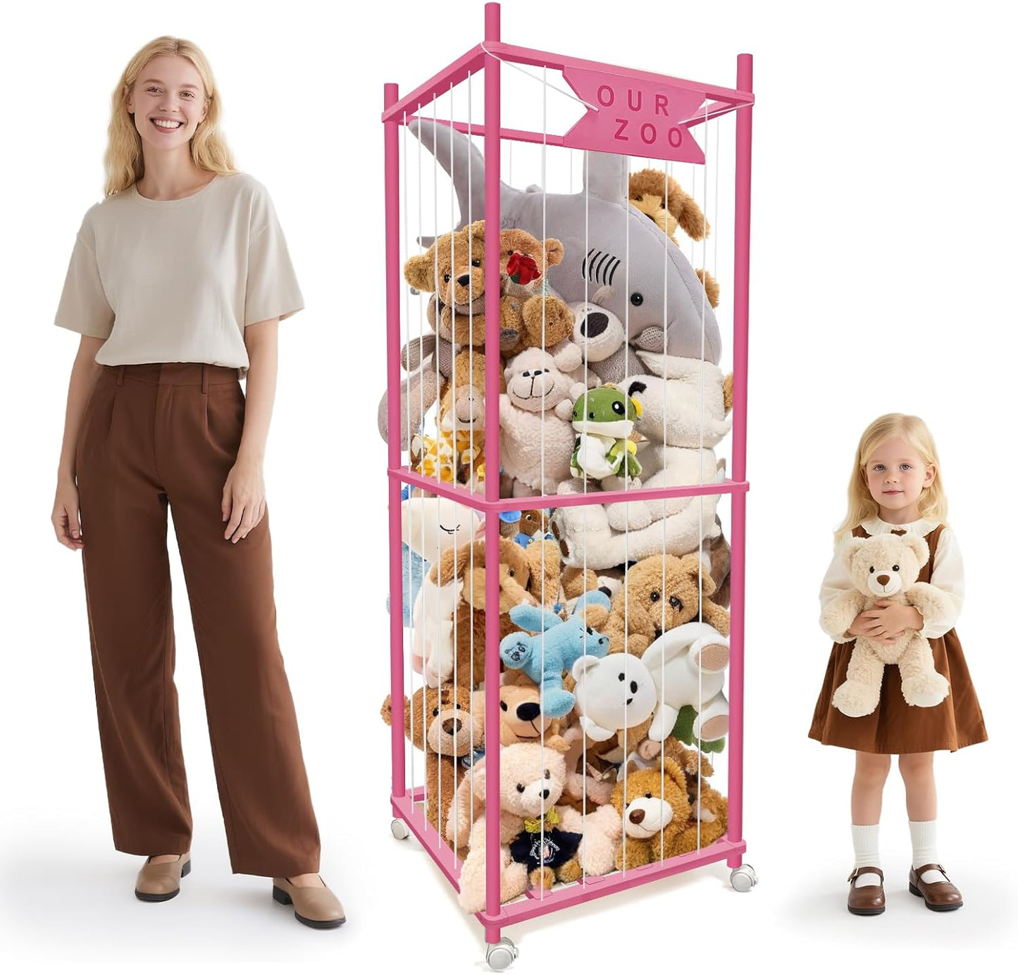 Stuffed Animal Storage Zoo with Wheels, Wooden Large Stuff Animals Plushies Holder Toy Organizer Kids Plush Storage Cage with Elastic Band and Net for Nursery Playroom Corner for Toddler (Hot Pink)