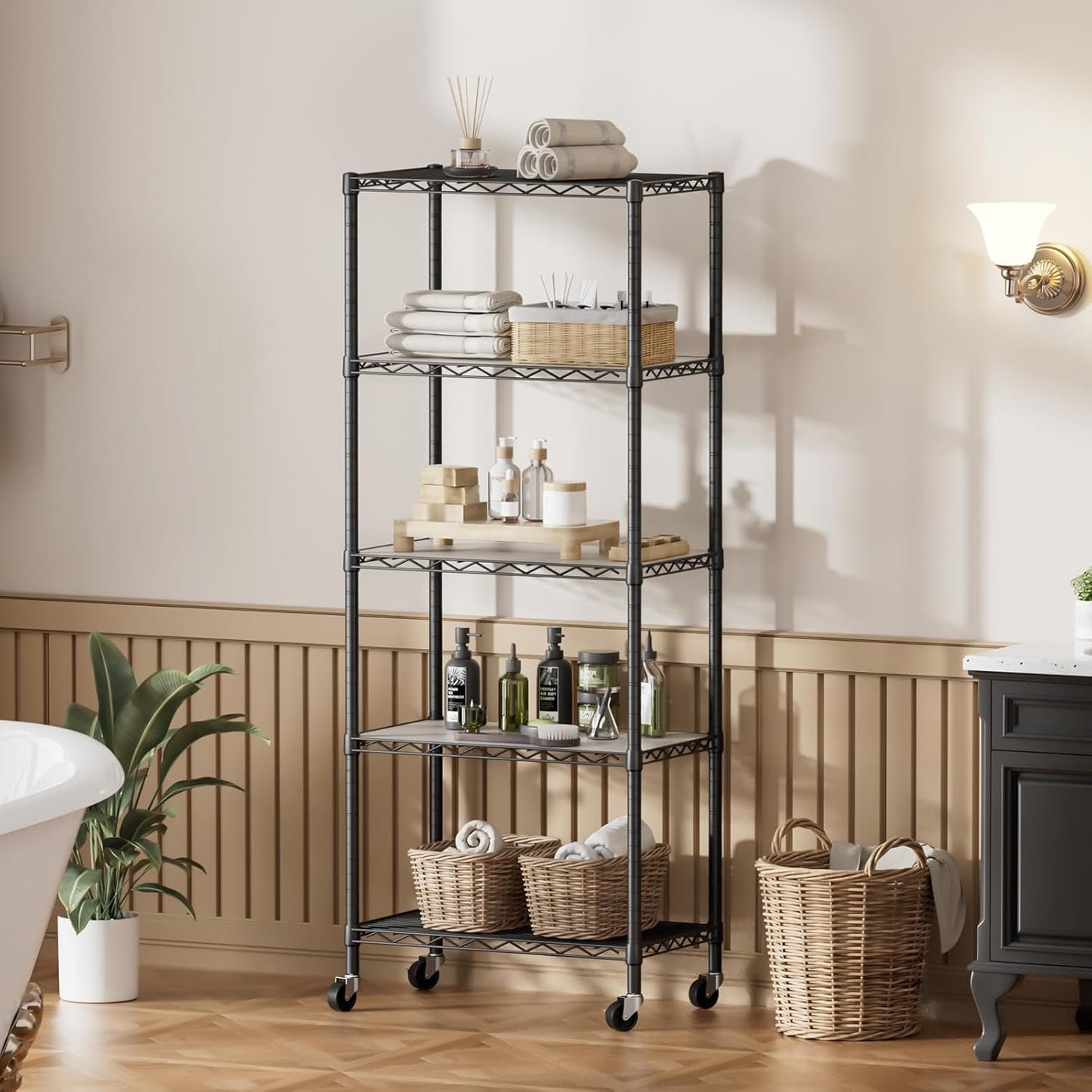 SINGAYE 5 Shelves Storage Shelf Wire Closet Bathroom Organizers Metal Pantry Kitchen Garage Shelving Unit Laundry Room Organization Home Rack Net Basket Black with Wheels