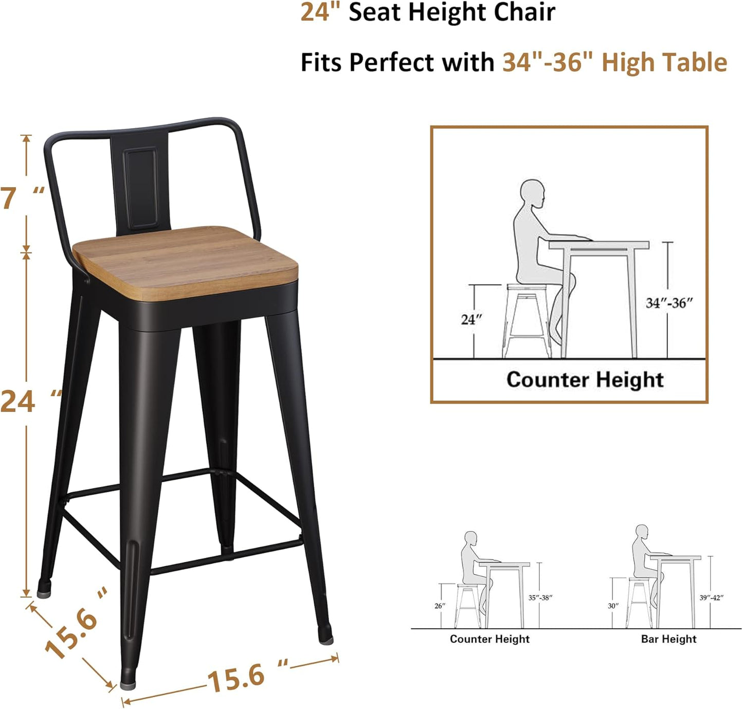 WENTMENT Metal Bar Stools Set of 4 Counter Height Barstools with Removable Back 24" Kitchen Bar Stools with Wooden Seat, Black
