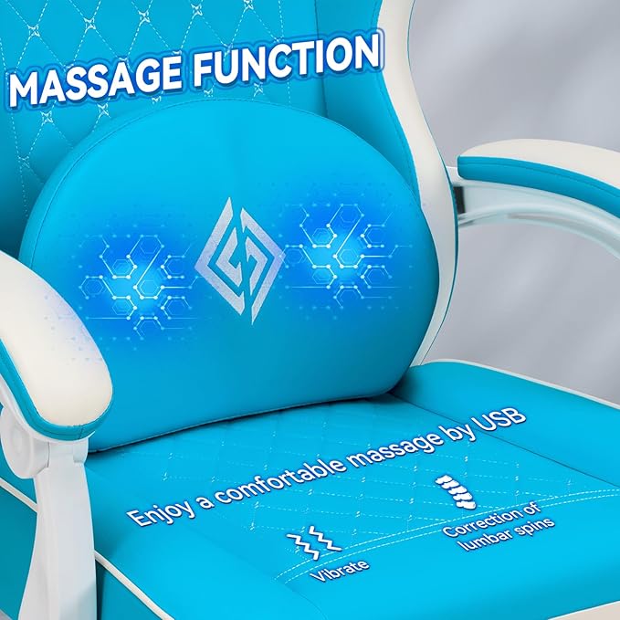 HOFFREE Gaming Chair with Speakers Massage Computer Gaming Chair with Pocket Spring Cushion for Adults Reclining Gamer Chair with Bluetooth Video Game Chairs with Footrest Sky Blue and White