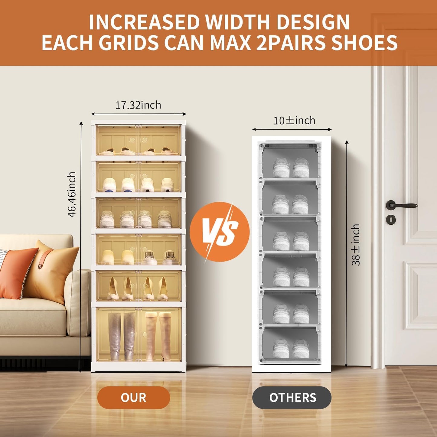 6 Tier Foldable Shoe Rack Organizer for Closet 6-12Pairs Plastic Collapsible Shoe Racks Shelf Stackable Clear Folding Shoes Storage boxes for Small Spaces Narrow Shoe Storage Cabinet