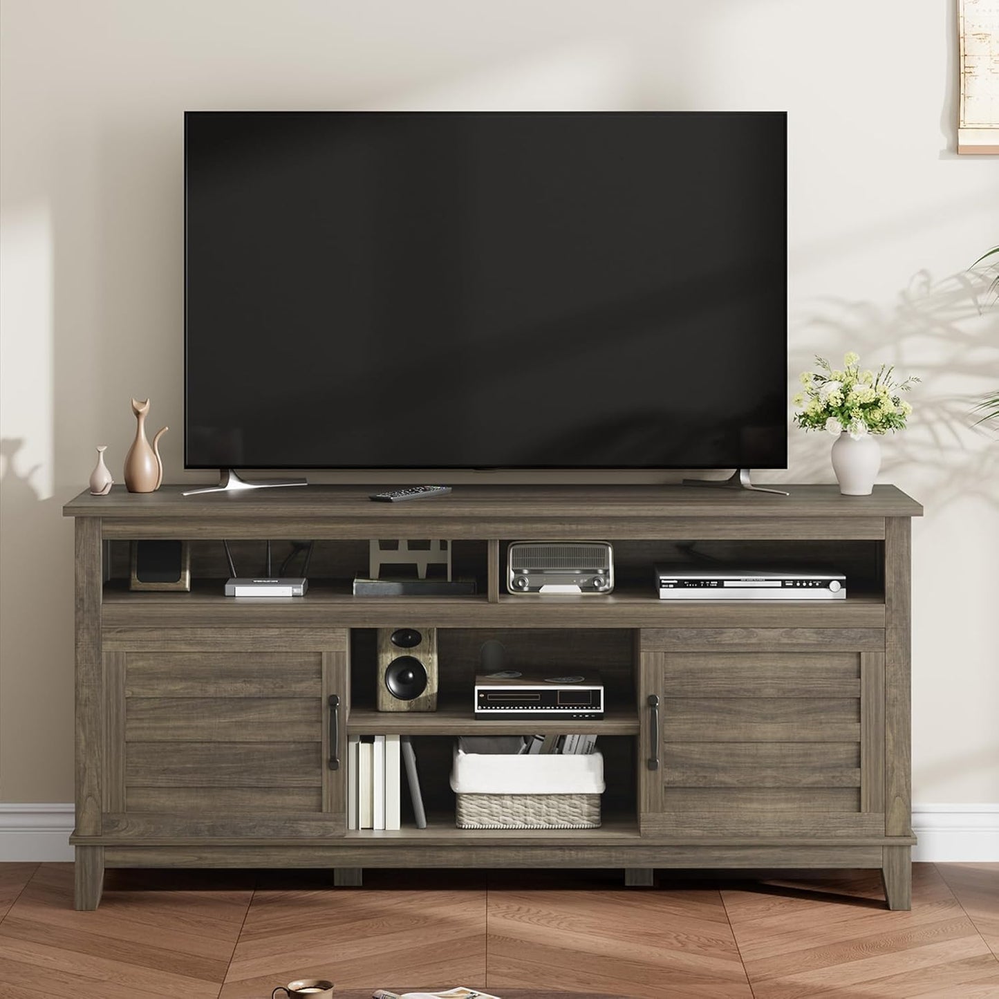 GarveeHome TV Stand for 63 in, Entertainment Center with Adjustable Shelves, Farmhouse TV Stand with Cabinet Doors,for Living Room, Bedroom (Grey, 63)