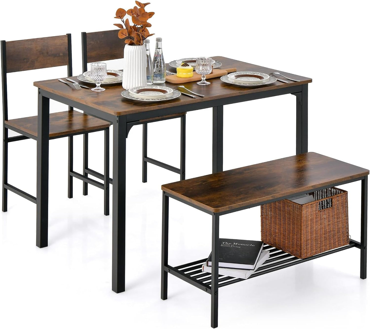 Giantex Dining Table Set for 4, Kitchen Table with Bench and Chairs, Industrial Gathering Bench Dining Set W/Metal Frame & Storage Rack, Dinette Set, Modern Functional Desk Set (Coffee)