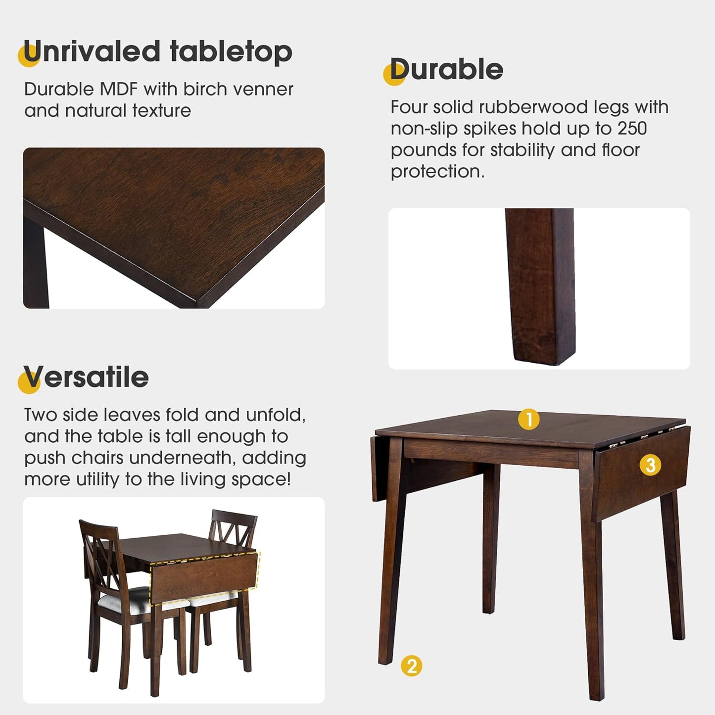 Merax Farmhouse Wooden Dining Set of 3, 45.6 inch Extendable Kitchen Table with Drop Leaf, 2 Chairs with Backrest for Small Space, Easy Assemble Brown