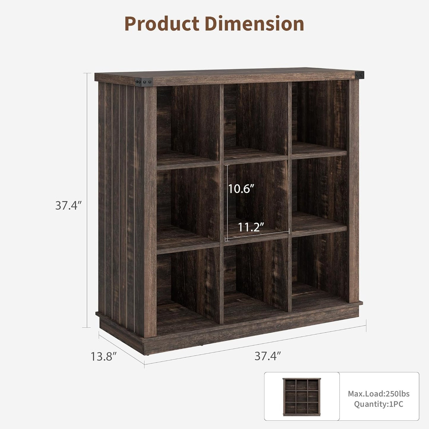 GarveeHome 9 Cube Storage Organizer Bookshelf, 4 Tier Farmhouse Horizontal Bookcase, 37.4 Inch Wood Storage Bookcase for Entryway, Long Low Bookshelves for Living Room-Black Oak
