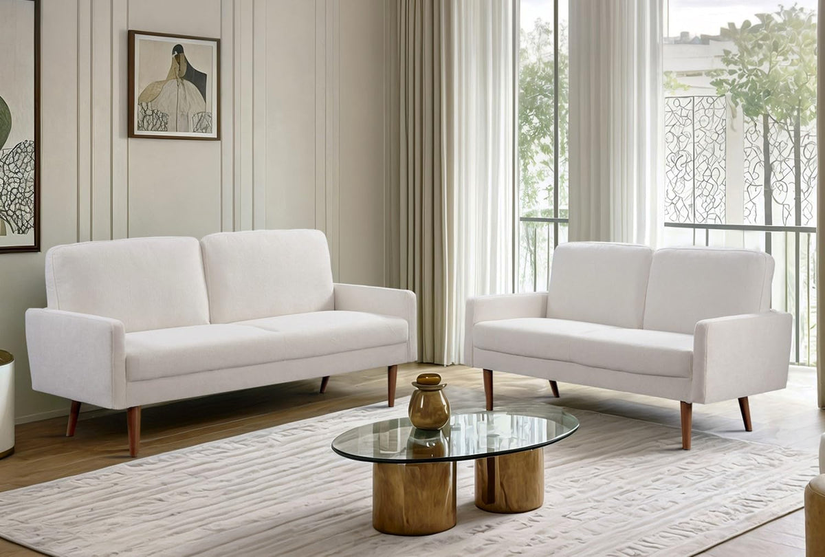 Kent 2 Piece Velvet Sofa and Loveseat Set, European Style with Modern & Vintage Flair, Upholstered 5 Seater Couch, Chic Living Room Furniture Seating for Home, Apartment or Office, Ivory