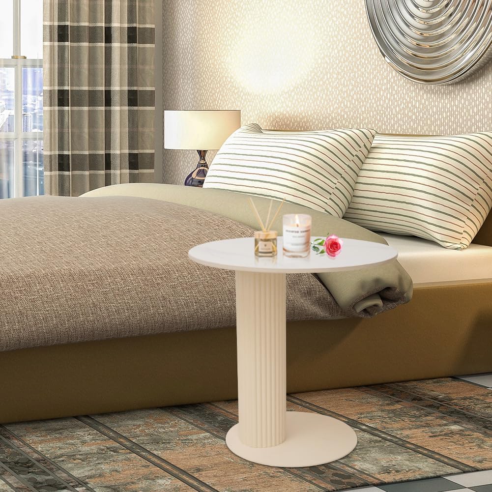 Side Table with Marble Top Metal Roman Colum End Table Modern Sofa Side End Table Coffee Round Side Desk for Couch Living Room Bedroom White