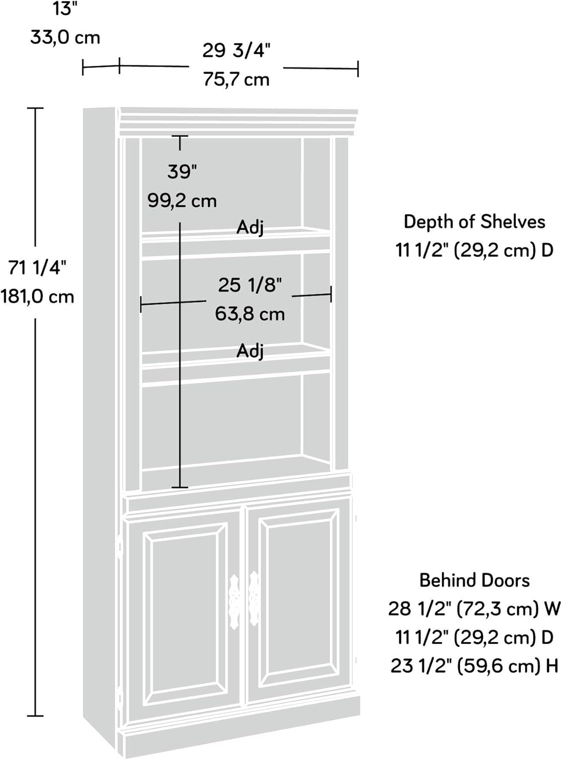 Sauder Heritage Hill Library with Doors/Book Shelf, L:29.80" x W:12.99" x H:71.26", Classic Cherry