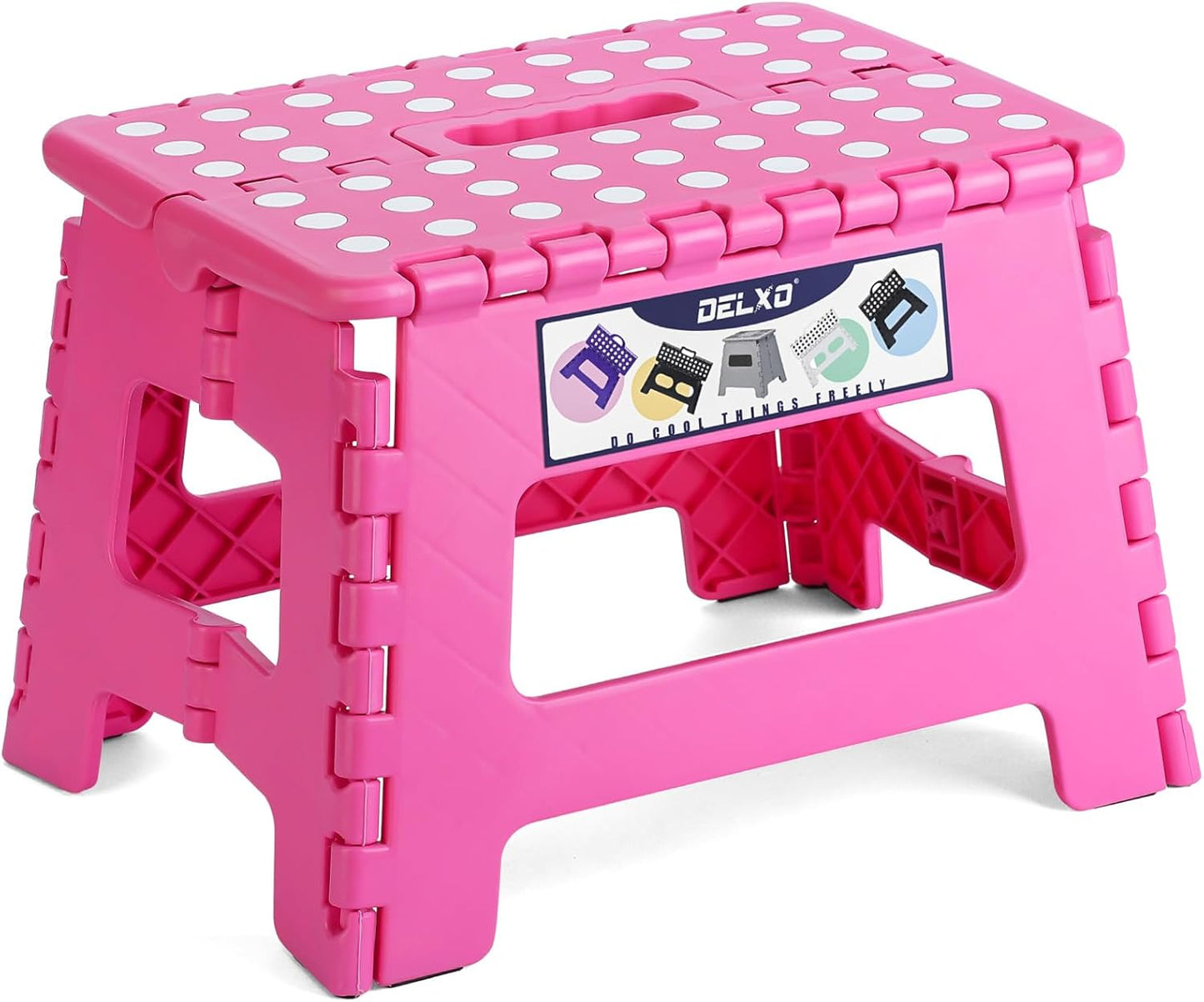 Delxo Folding Step Stool, 9 inch Non-Slip Foldable Stools Up to 300 LBS, Step Stool with Handle, Lightweight for Kitchen, Bathroom, Bedroom, Garden, Rose Pink, 1PC