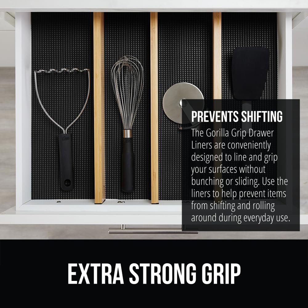 GORILLA GRIP powerGRIP Drawer Shelf and Cabinet Liner, Thick Strong Hold, Non-Adhesive Liners Protect Kitchen Cabinets and Cupboard, Bathroom Drawers, Easy Install, Breathable Mat, 24" x20', Black