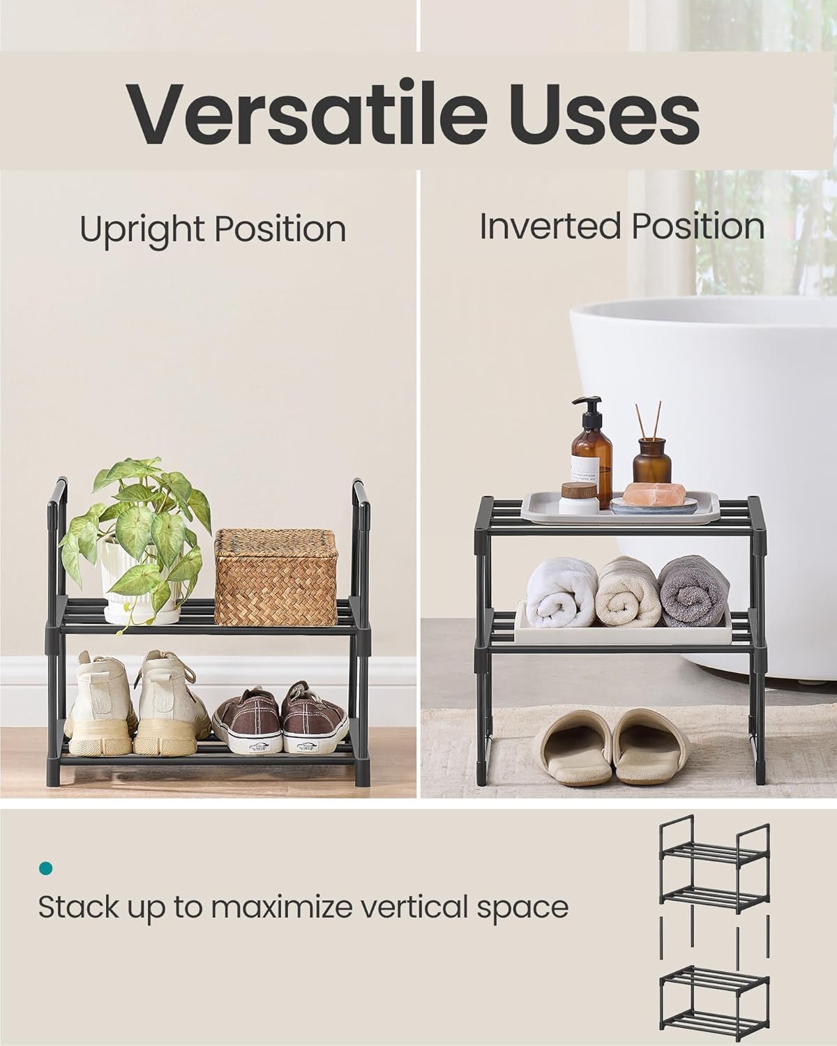 SONGMICS Shoe Rack, 2-Tier Shoe Organizer, Metal Storage Shelf, Upright or Upside Down, for 3-6 Pairs, Stackable, for Entryway, 11.8 x 16.7 x 14.8 Inches, Black ULSA002B01