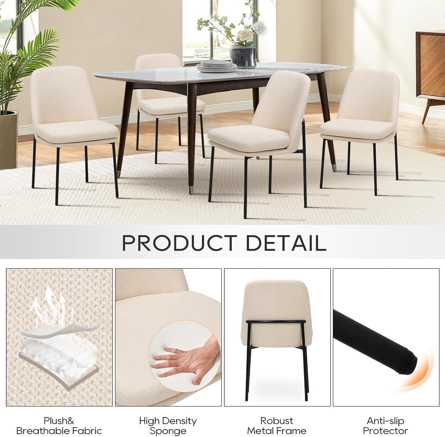 COLAMY Dining Chairs Set of 6, Fabric Upholstered Dining Room Chairs Dinner Chair Stylish Kitchen Chairs with Curved Back and Metal Legs, Beige