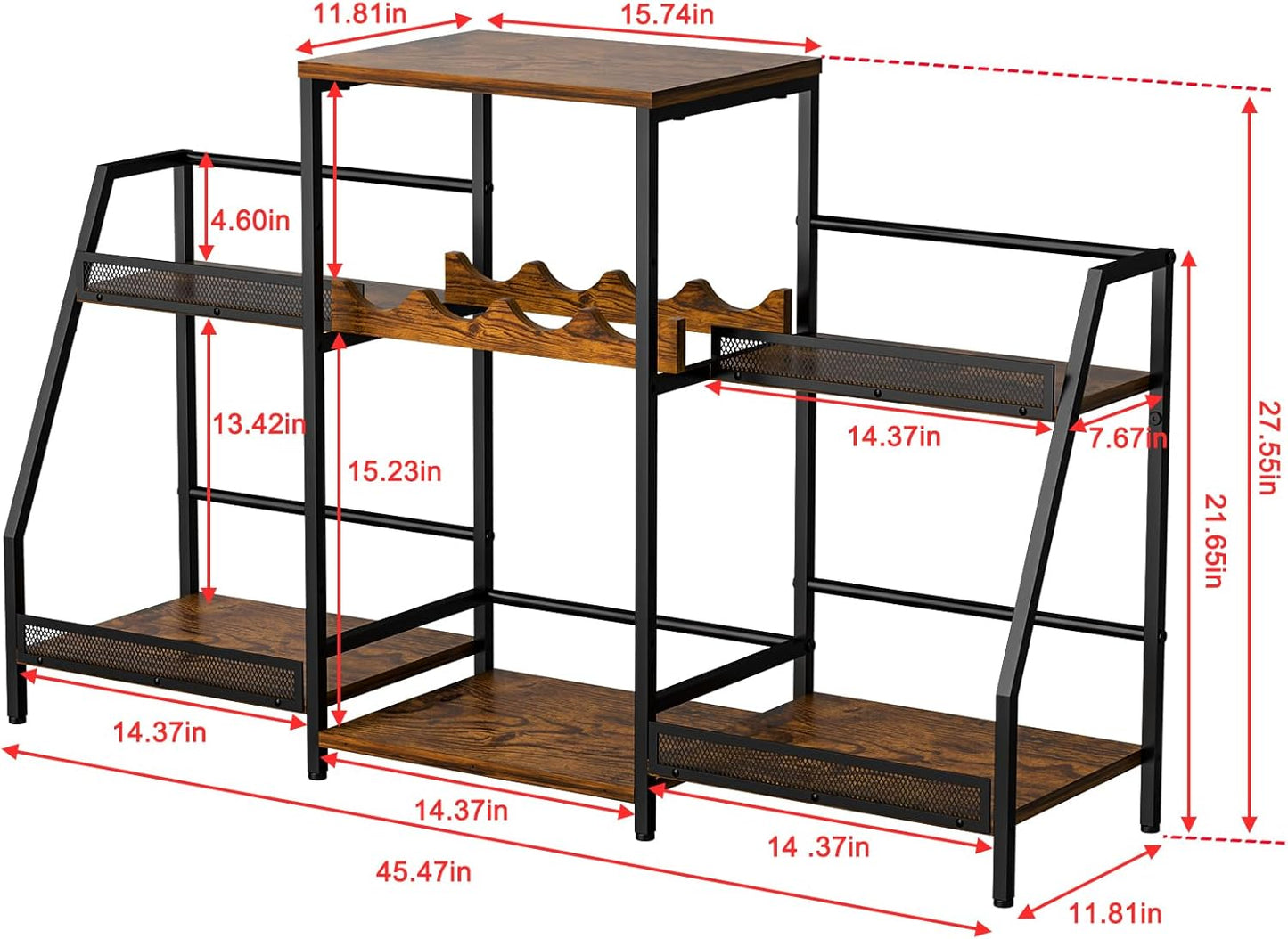 Liquor Cabinet with Fences, Wine Rack Freestanding Floor, 4 Tier Trapezoidal Bar Stand, Expanded Capacity Bar Cabinet for Liquor & Wine Storage