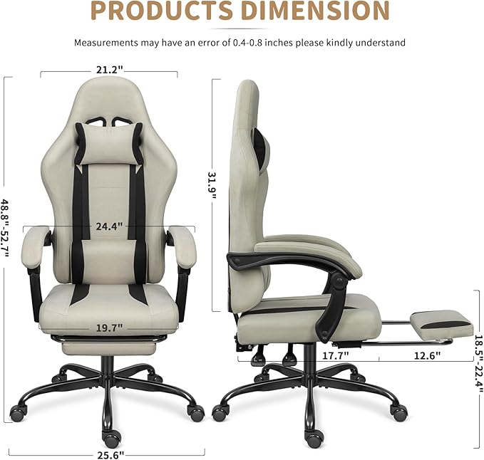 Breathable Fabric Gaming Chair with Footrest, Height Adjustable Game Chair, Video Gaming Chair for Gaming Room, Living Room and Office - Beige/Black