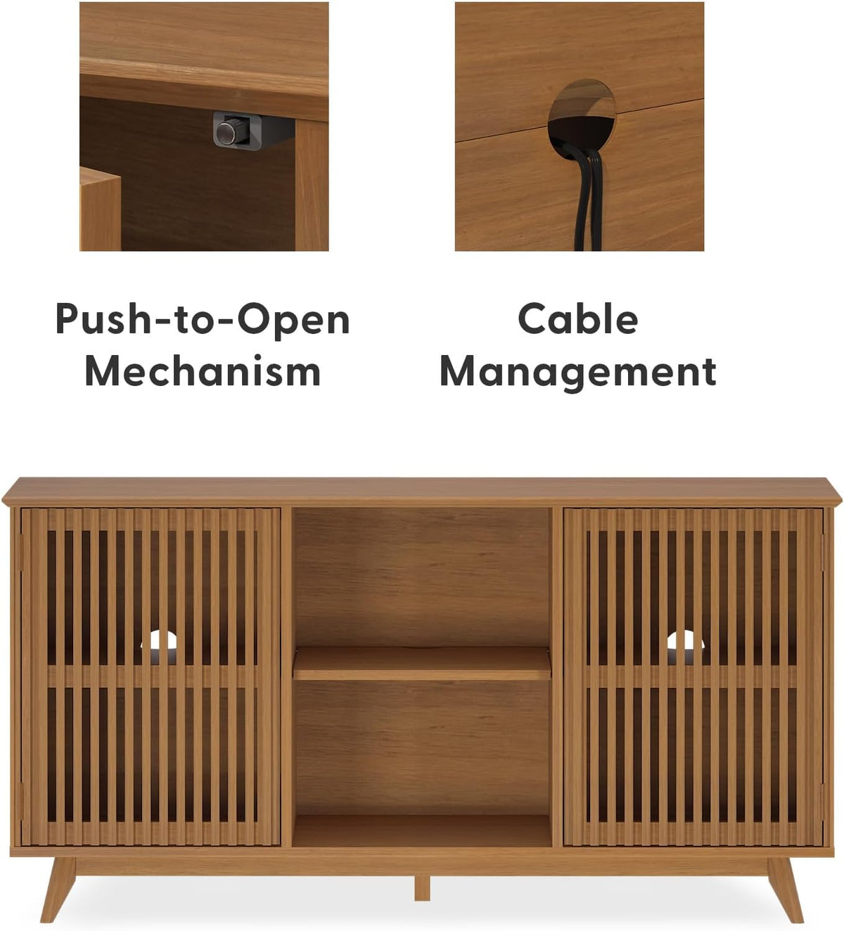 Plank+Beam Mid-Century Modern Wood TV Stand, Solid Wood Entertainment Console with Storage, 59" L x 16" W x 30" H, Pecan