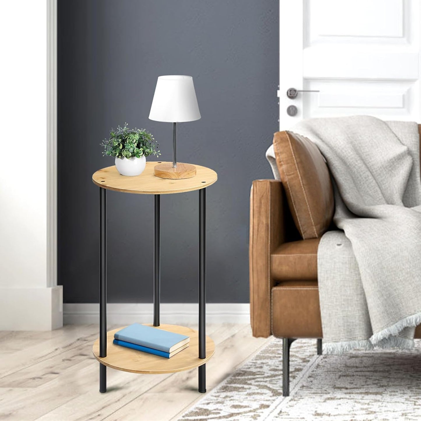 Small Round Table Set of 2, End Tables Living Room, Side Tables for Small Spaces, 2 Tiers Rustic Accent Tables, Night Stands for Bedrooms, Coffee Tables With Storage Shelf