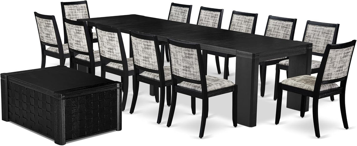 X12X2-0C6-30 14-pc Dining Table Set a Rectangular Kitchen Table with a coffee Table and 12 Wire Brushed Black Polyester Stackable Chair, 39x120 Inch, Wire Brushed Black