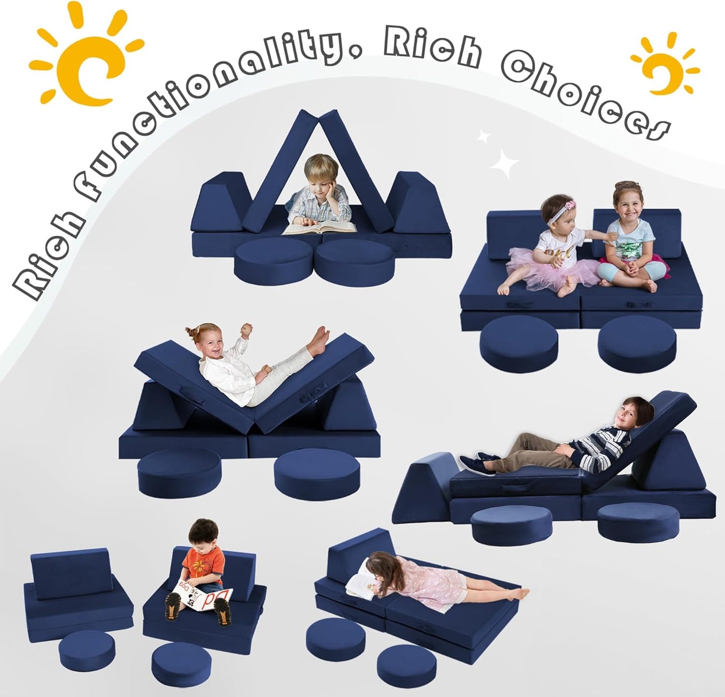 MeMoreCool Modular Kids Couch for Playroom, Navy Foam Play Couch for Toddlers, Building Fort Explorer Sofa